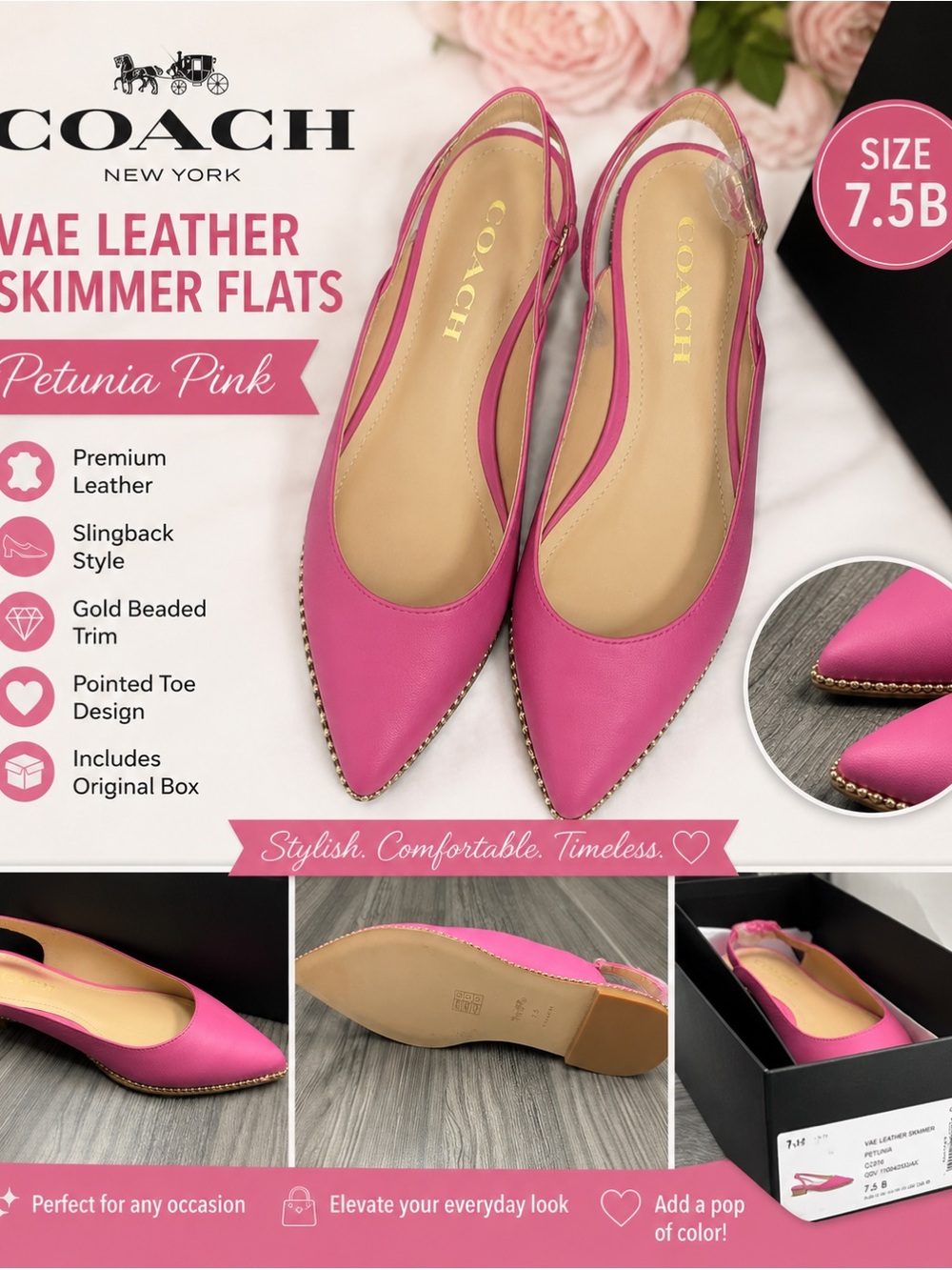 Coach Petunia Pink Leather Pointed-Toe Slingback Flats